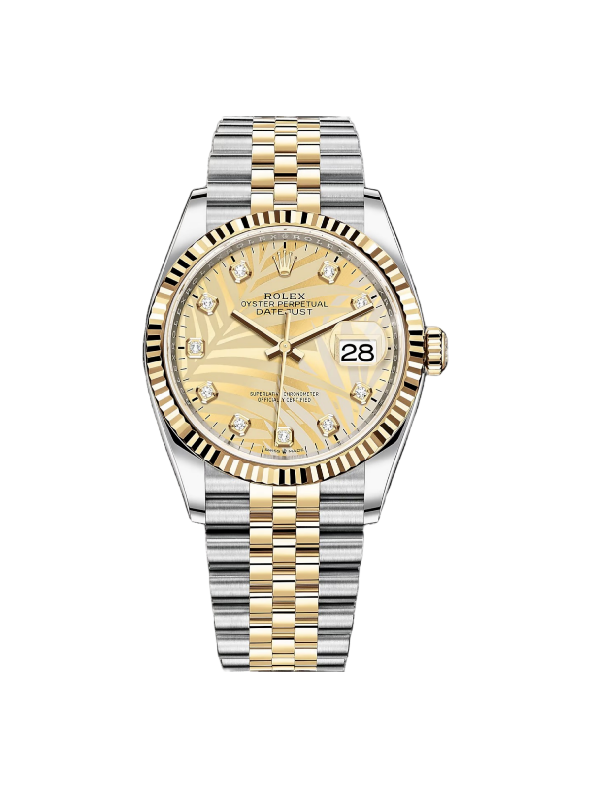1D1AEF4F-F7A4-8EFA-9DEC-83E7560ECE88 Rolex Datejust 36mm 126233 Champagne Palm Motif Diamond Dial and Jubilee Bracelet Watch - Image 1
