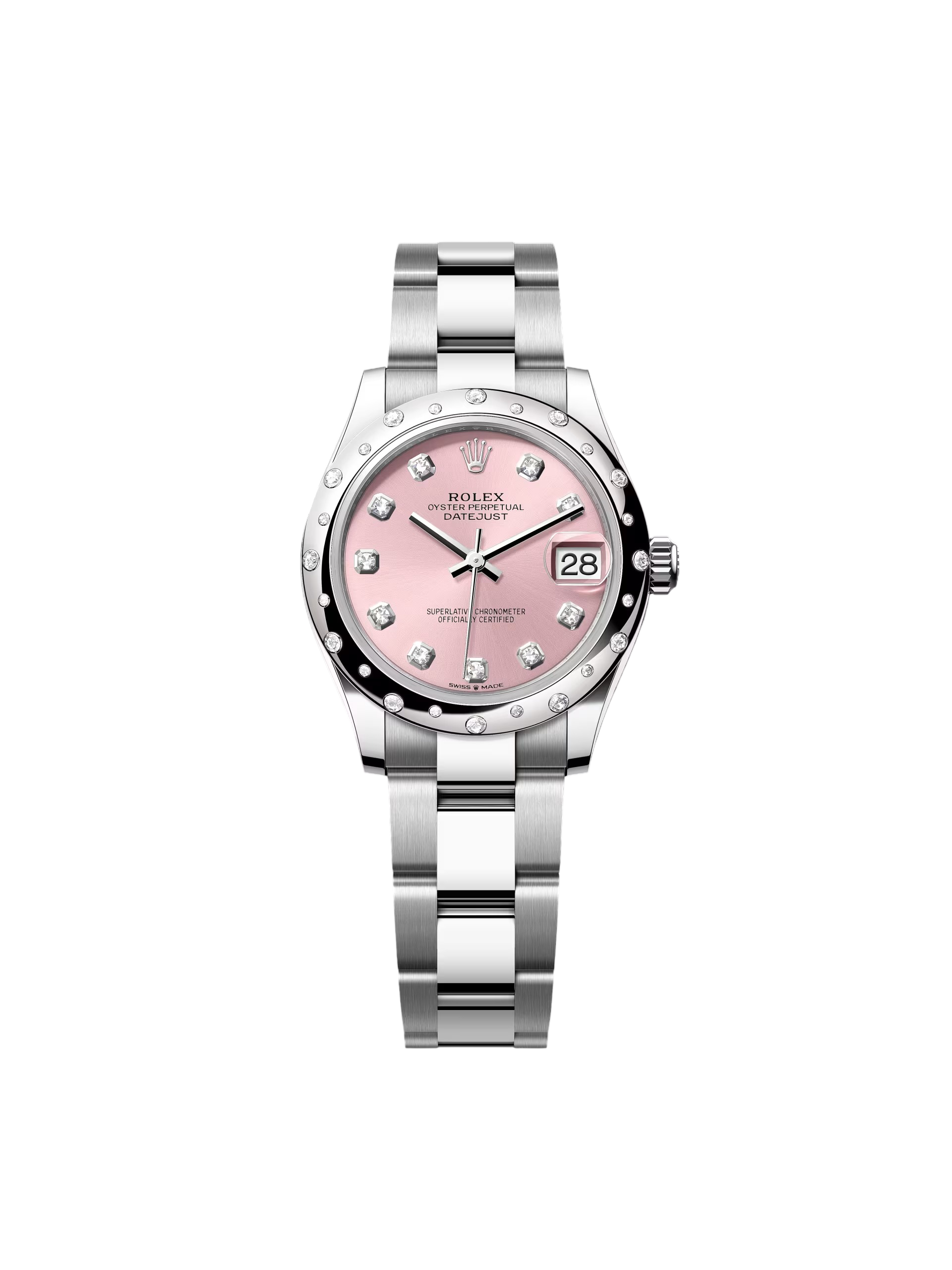 6819E80C-5B3E-04D0-8768-3EE27CD478CF Rolex Datejust m278344-0033/0034 Pink Dial 31mm Domed Diamond Oyster Watch - Image 1