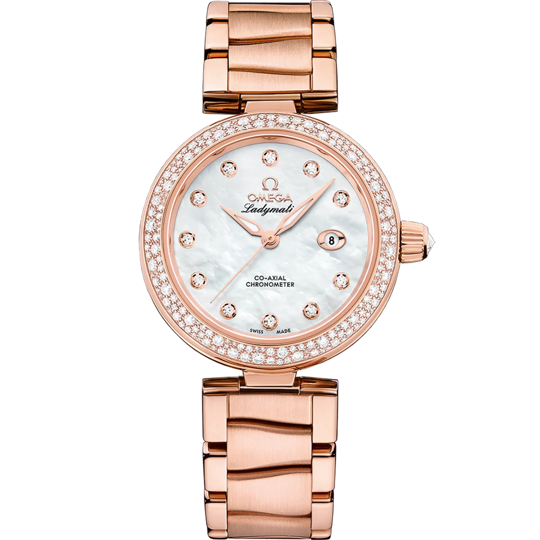 E2B1E197-554A-47AB-4199-353727F872D7 Omega De Ville Ladymatic 34mm White Dial with Diamonds Sedna™ 18k Rose Gold Bracelet 425.65.34.20.55.010 - Image 1